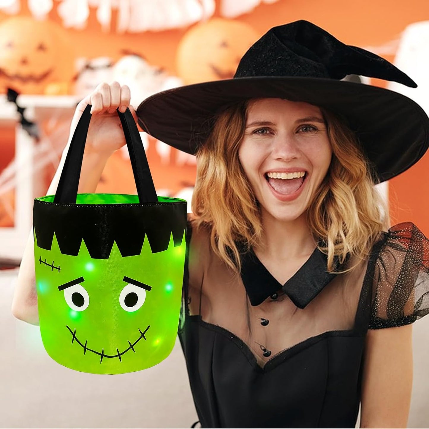 2 Pieces Halloween Candy Bucket with LED Light Trick or Treat Buckets Halloween Reusable Pumpkin Green Monster Candy Gift Baskets Party Supplies Favors (Orange & Green)