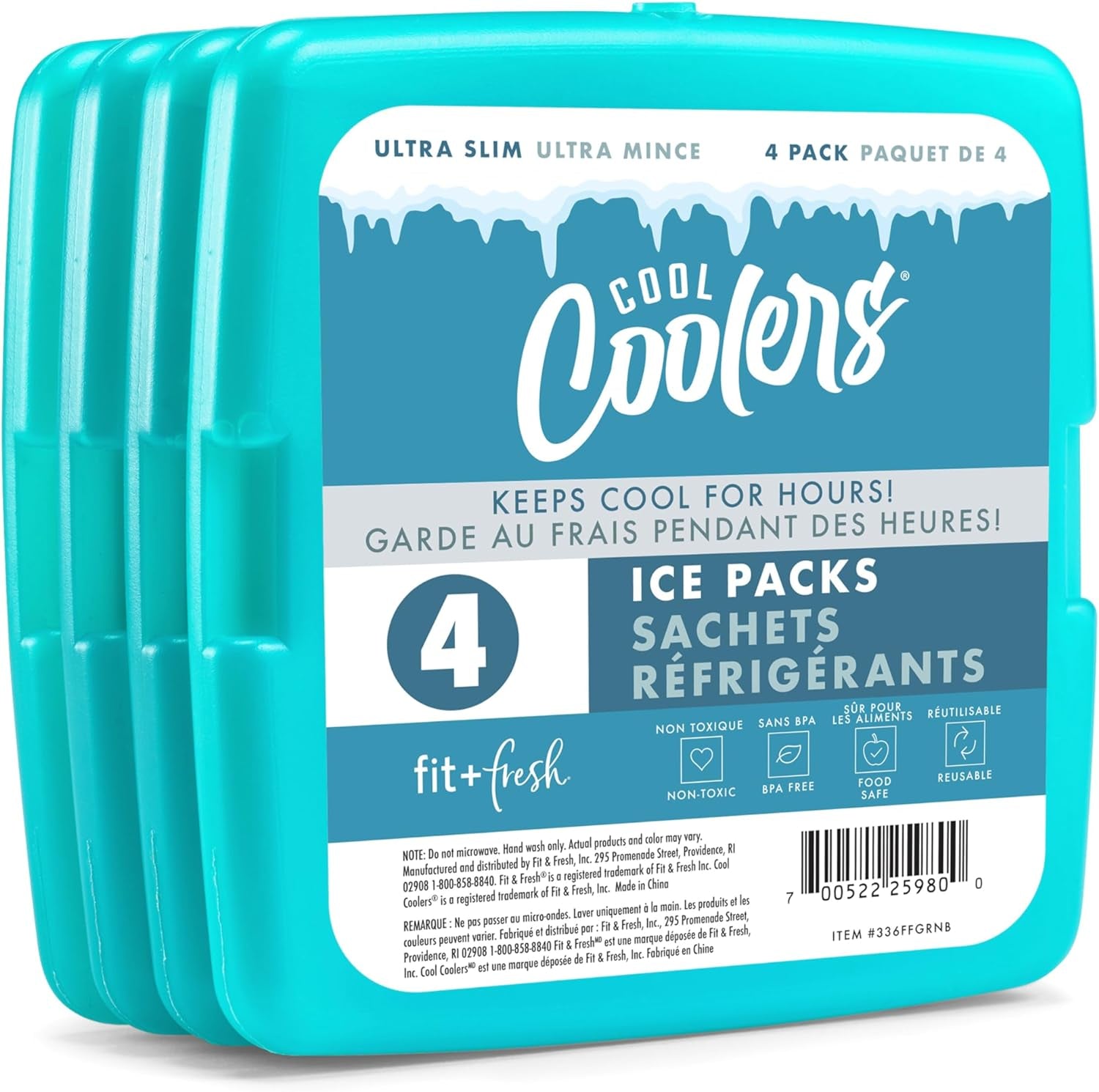 Cool Coolers by  4 Pack Slim Ice Packs, Quick Freeze Space Saving Reusable Ice Packs for Lunch Boxes or Coolers, Multi Colored