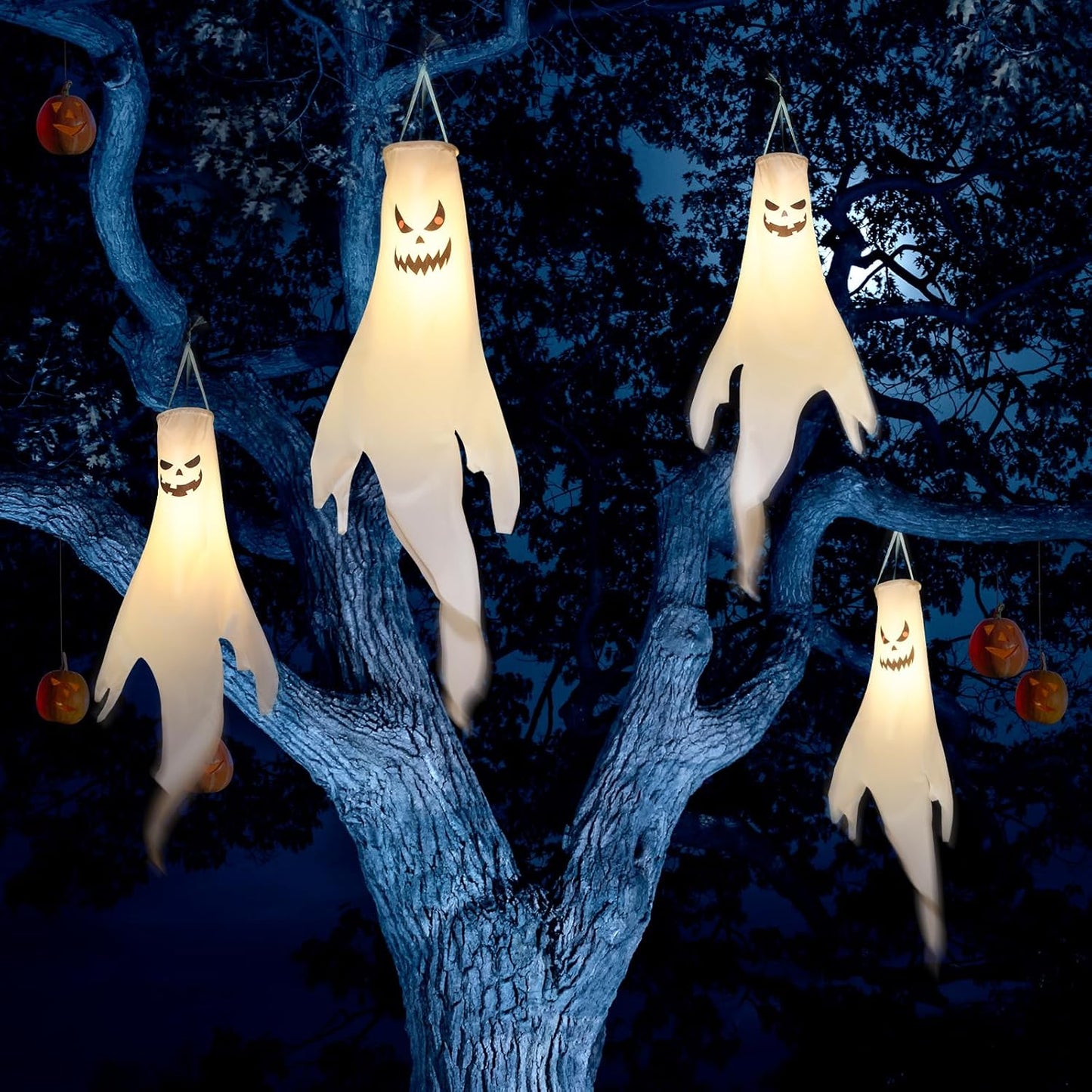 Halloween-Decorations-Outdoor Hanging-Ghost Windsocks for Trees with Timer, LED Ghosts to Hang in Tree Porch Yard, Waterproof, Timer,2 Pcs (No Batteries)