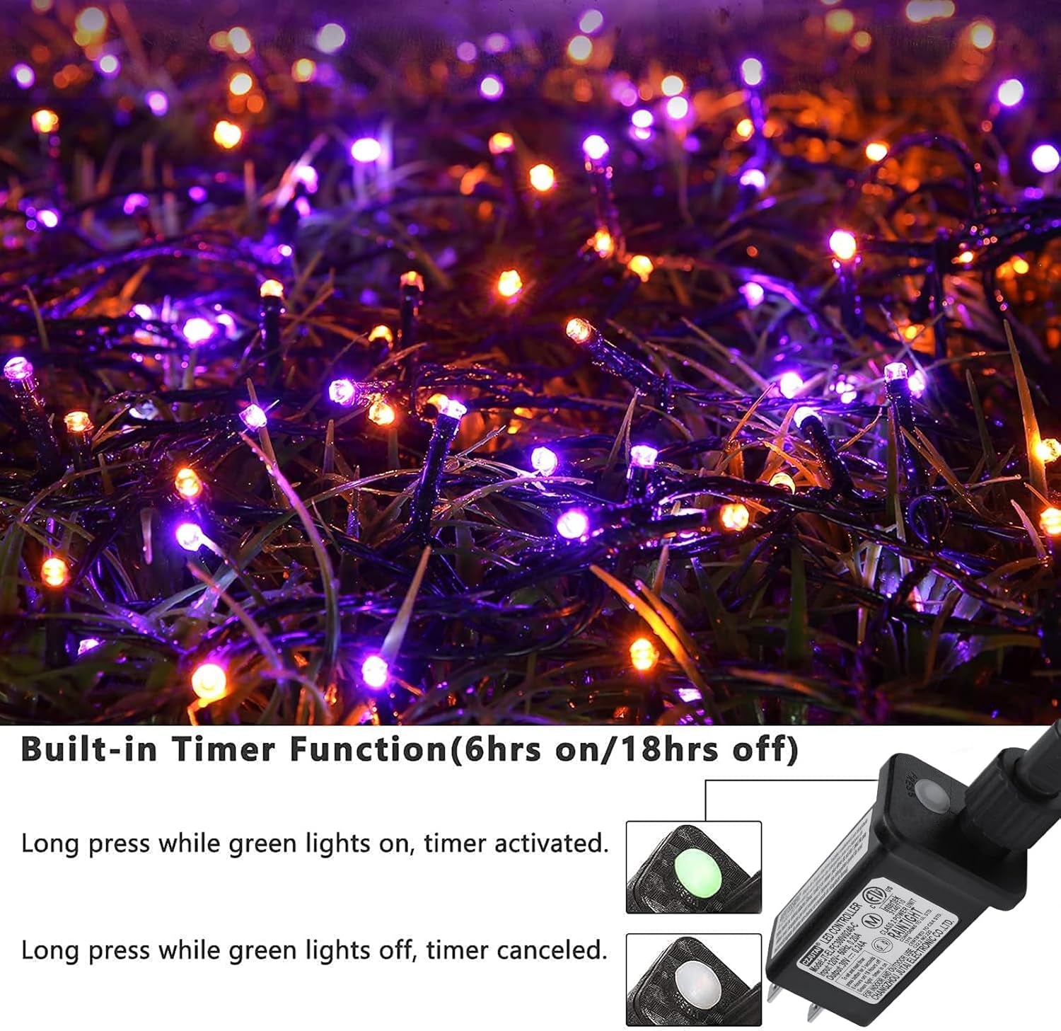 Orange Purple Halloween Lights 174FT 500 LED Halloween String Lights with 8 Modes Timer Waterproof Plug-In Orange Purple String Lights for Indoor Outdoor Halloween Decorations