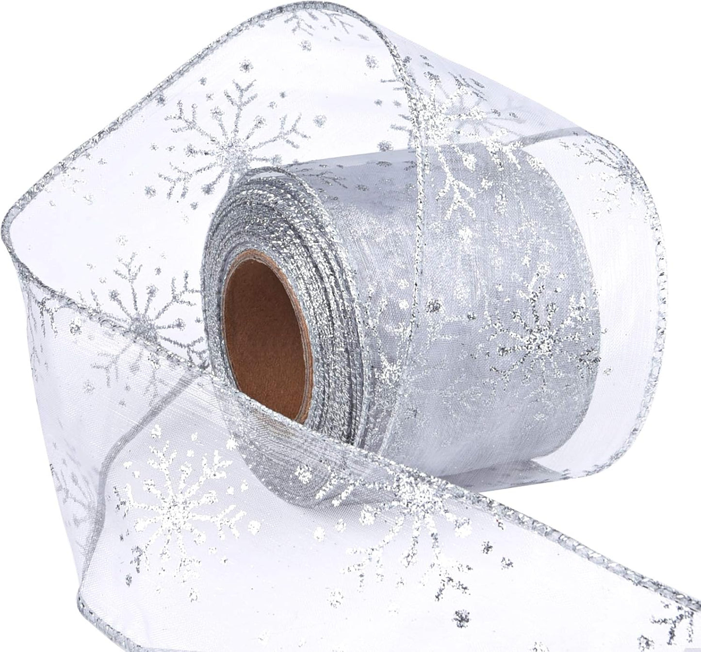 2.5 Inch Wide Christmas Wired Ribbon Snowflake Organza Sheer Glitter Ribbon for Xmas Tree, Wreath, Party Decoration, Gift Wrapping (Silver-White, 10.9 Yards)