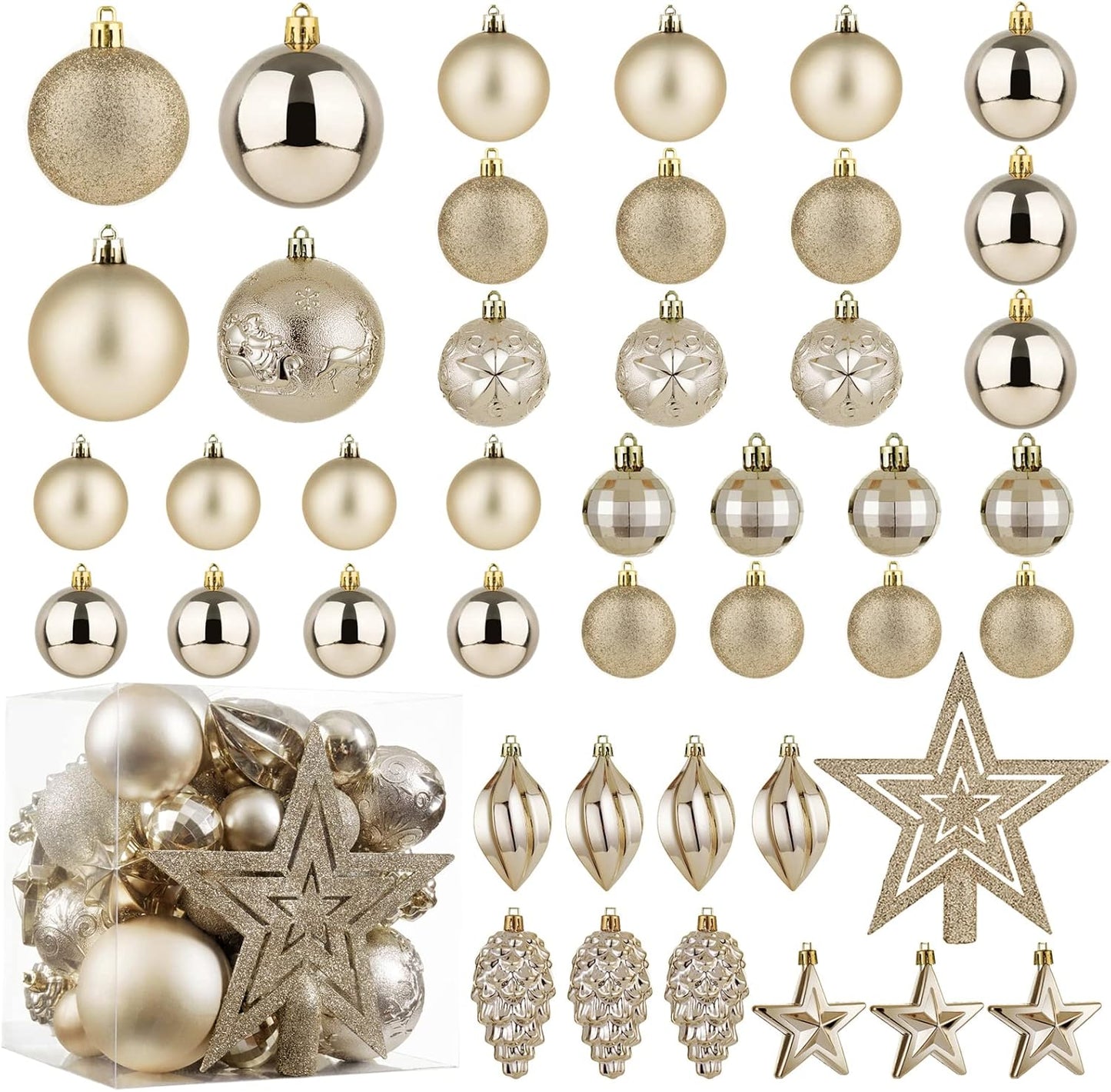 Christmas Ball Ornaments - 43Pcs Shatterproof Christmas Tree Decorative Hanging Ornaments with Loop for Xmas Holiday Party Wreath Home Decoration, Champagne(Combo of 10 Ball and Shaped Styles)