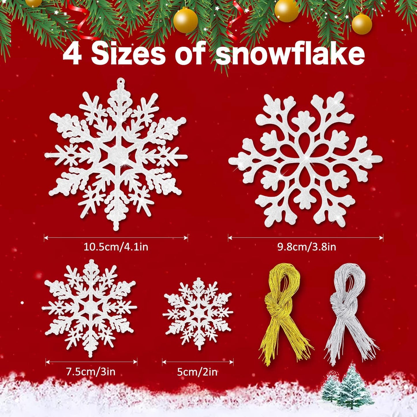 46Pcs Plastic Snowflake Ornament Christmas Glitter Snowflake Hanging Christmas Tree Decorations with Silver Rope for Winter Decorations Tree Window Door Accessories (White)