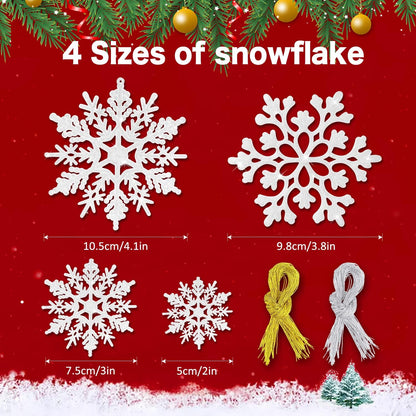 46Pcs Plastic Snowflake Ornament Christmas Glitter Snowflake Hanging Christmas Tree Decorations with Silver Rope for Winter Decorations Tree Window Door Accessories (White)