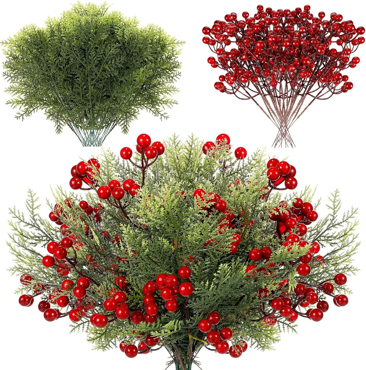 48 Pcs Christmas Artificial Pine Branches with Red Berry Stems Christmas Pine Needles for DIY Fake Greenery Christmas Garland Wreath Xmas Embellishing Flower Arrangements Decoration