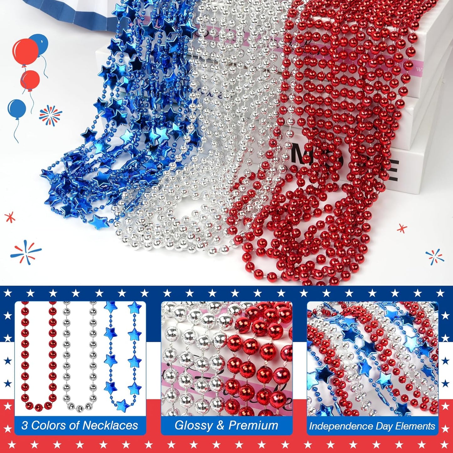 4Th of July Beaded Necklace, 24Pcs Patriotic Star Bead Necklaces Red Silver and Blue Accessories,Fourth of July Beads for Independence Day,Memorial Day Patriotic Parades,Party Decor Supplies