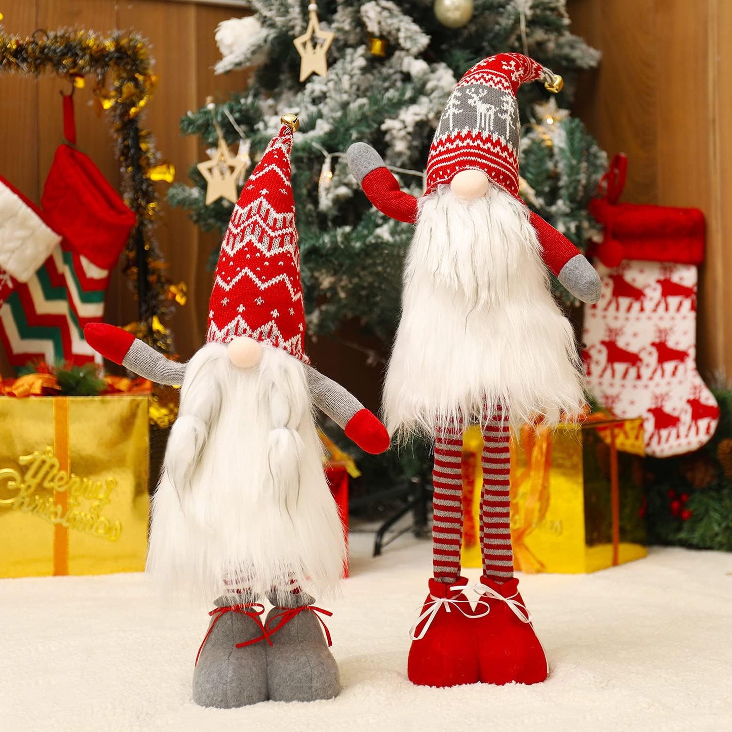 2Pc Large Lighted Standing Christmas Gnome Decorations 21Inch with Spring Leg Light up Christmas Knome Gift for Home Decor