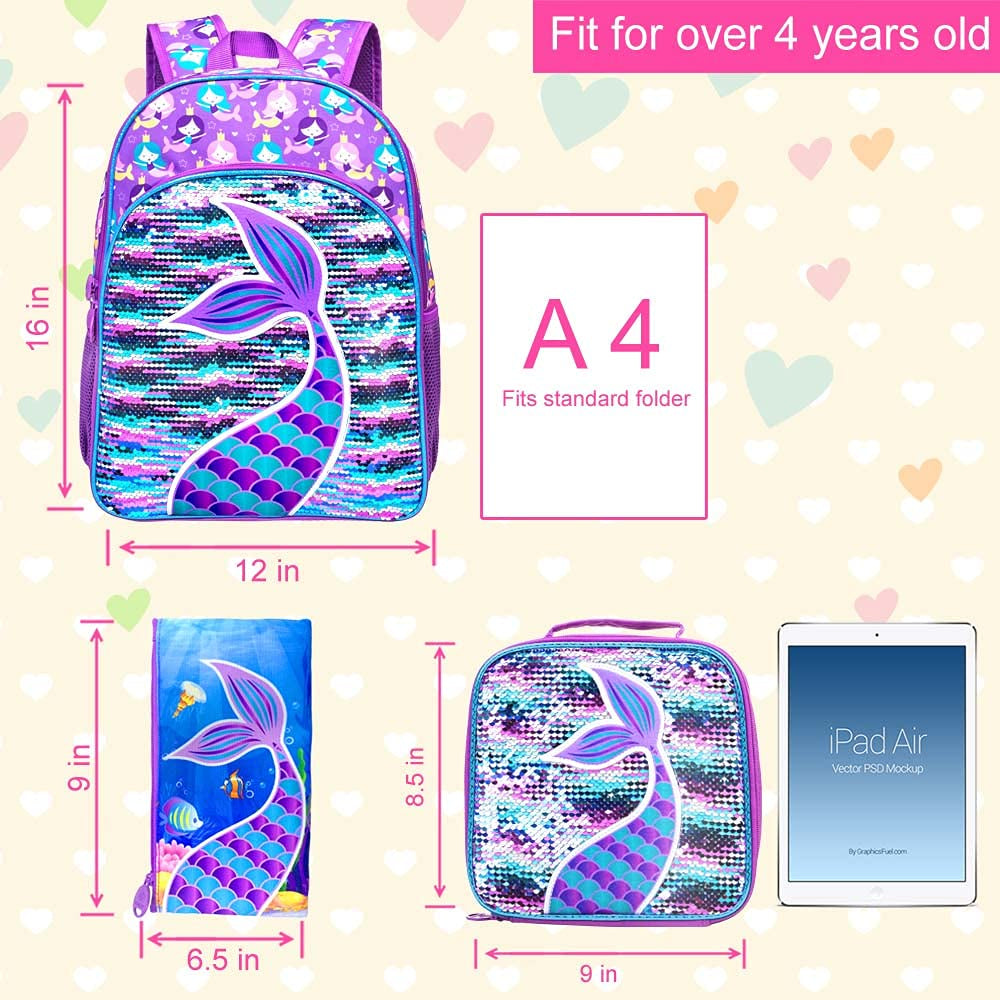 3PCS Kids Backpacks for Girls, 16" Little Kid Mermaid Sequin Preschool School Bookbag and Lunch Box