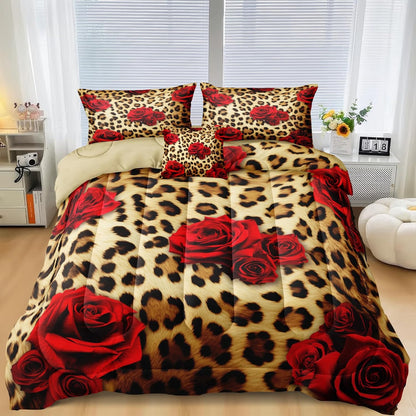 Red Rose Leopard Bedding Set Safari Cat Animal Comforter Set Romantic Red Rose and Leopard Printed Bedding Set for Women and Female Cheetah Bedding Comforter Set King Size