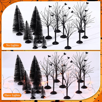 17 Pcs Halloween Village Accessories Set 8 Halloween Black Pine 8 Bare Branch Trees with 9.84 Ft Led Orange Light Battery Operated Village Tabletop Displays Spooky Tree for Halloween Party Table Decor