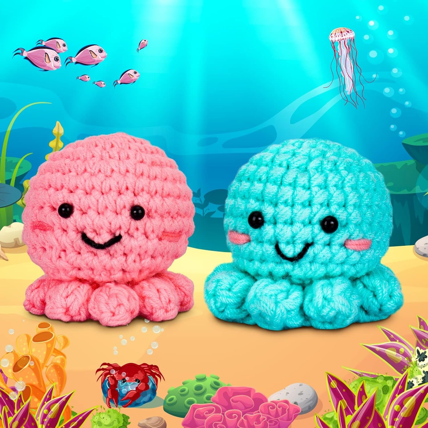 Crochet Kit for Beginners, Amigurumi Crocheting Animals Kits W Step-By-Step Video Tutorials, Knitting Starter Pack for Adults and Kids, Jumbo 2 Octopus Familly (40%+ Yarn Content)