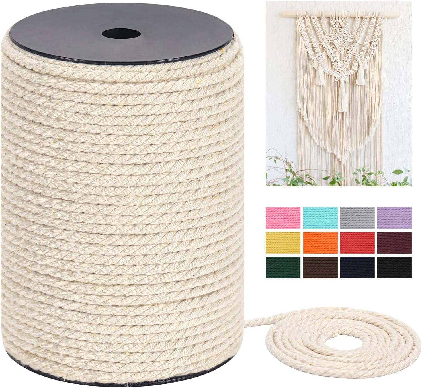 Macrame Cord 3Mm X 328Yards(984Feet), Natural Cotton Macrame Rope - 3 Strands Twisted Macrame Cotton Cord for Wall Hanging, Plant Hangers, Crafts, Gift Wrapping and Wedding Decorations