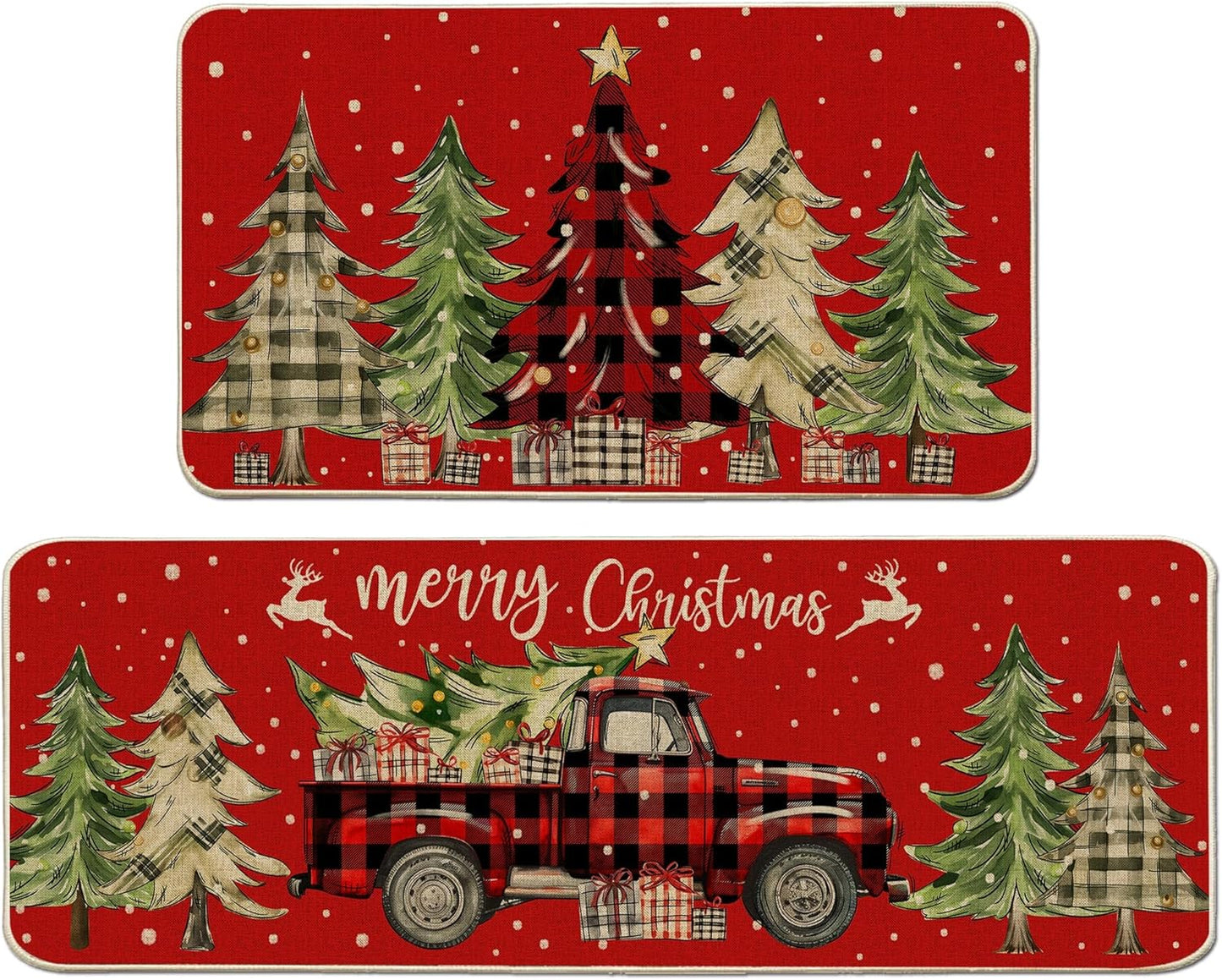 Christmas Kitchen Mats for Floor - Farmhouse Truck Buffalo Plaid Christmas Kitchen Decor - Red Christmas Kitchen Rugs Set of 2, Christmas Decorations for Home, Indoor 17"X27+17"X47"