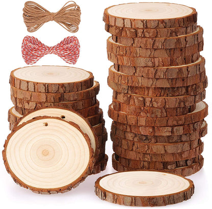 Natural Wood Slices, 30 Pcs 3.5-4 Inch Unfinished Predrilled Wooden Circles Tree Slice with Hole & Barks for DIY Arts Craft Christmas Ornaments