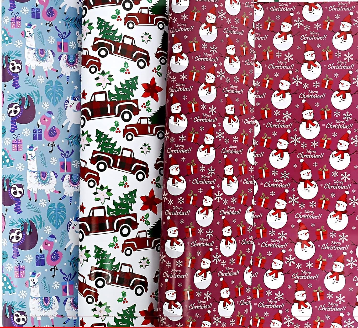 Christmas Gift Wrapping Paper Large Sheet for Kids Boys Girls Baby Women Men Xmas Wrapping Paper 3Style Christmas Sloth Llama Santa Snowman Tree Truck Car Gift Wrap Paper (27*39.4Inch