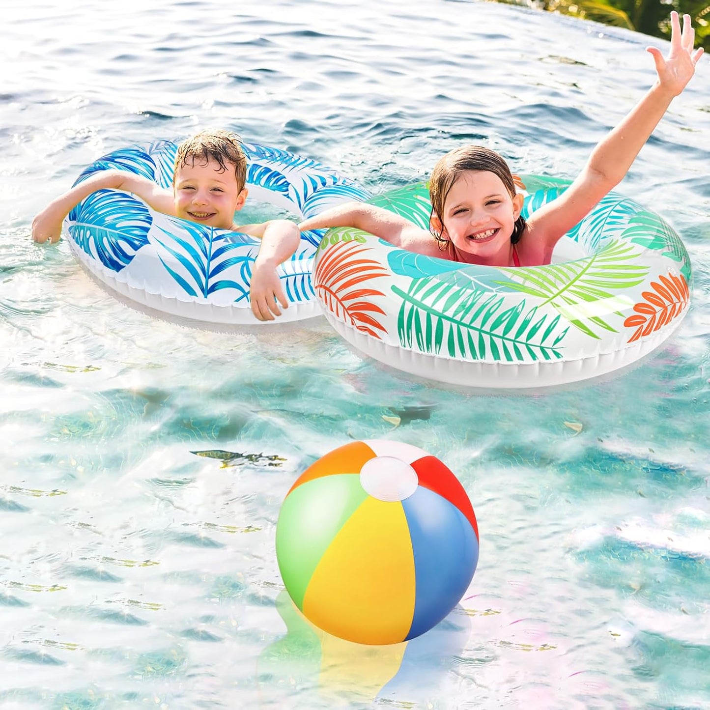 7PCS Luau Pool Floats: Hawaiian Swimming Rings with 13.5" Beach Balls - Inflatable Tubes Floaties Toys for Kids Adults