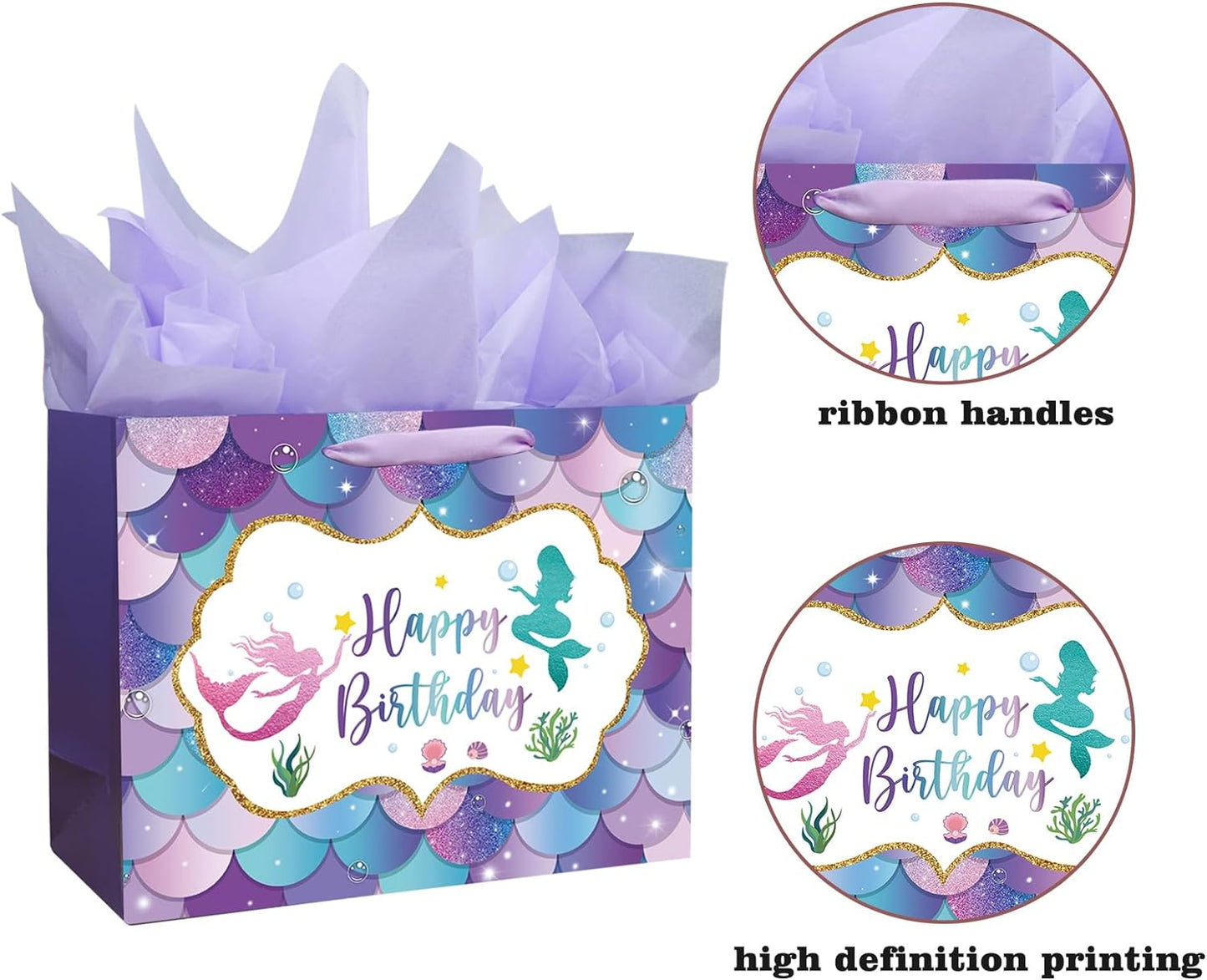 13" Large Mermaid Happy Birthday Gift Bag with Handle, Tissue Paper and Card for Kids Girls