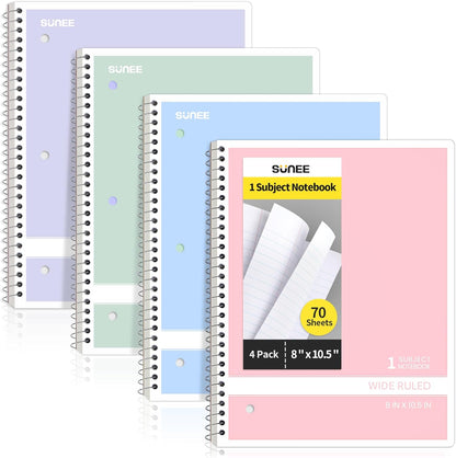 Spiral Notebooks Wide Ruled, 1-Subject, 4 Pack, 8 X 10-1/2 In, 70 Sheets, 3-Hole Punched Paper, Pastel Pink, Purple, Blue, Green for School, Home&Office,Writing Journal