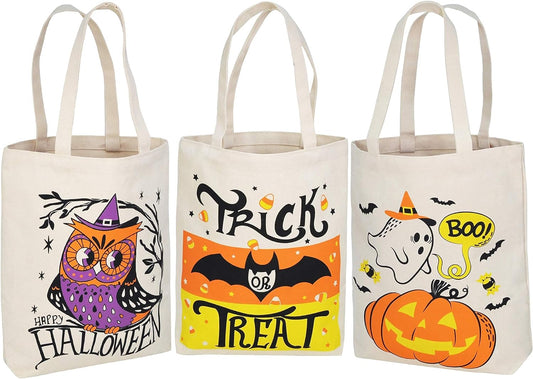 13.75” Large Halloween Tote Treat Bags for Trick or Treating, Halloween Goodie Candy Bags, Reusable Canvas Gift Bags for Kids Party Favor Supplies, Snack Grocery Bags with Handles