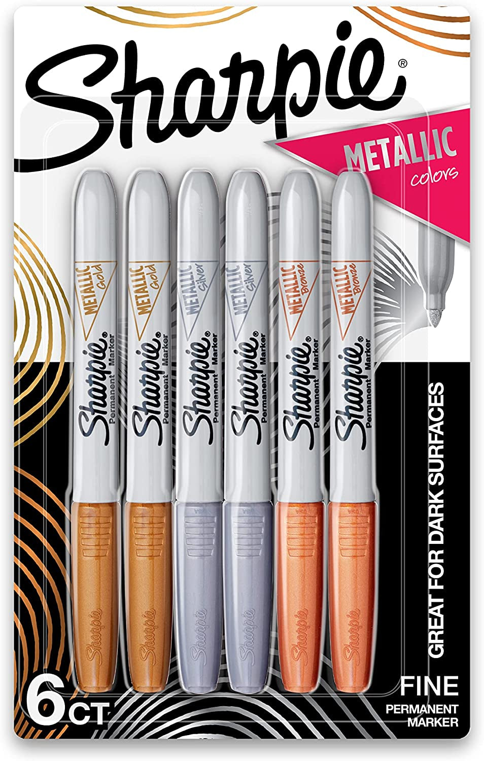 Metallic Permanent Markers, Fine Point, Assorted Metallic, 6 Count