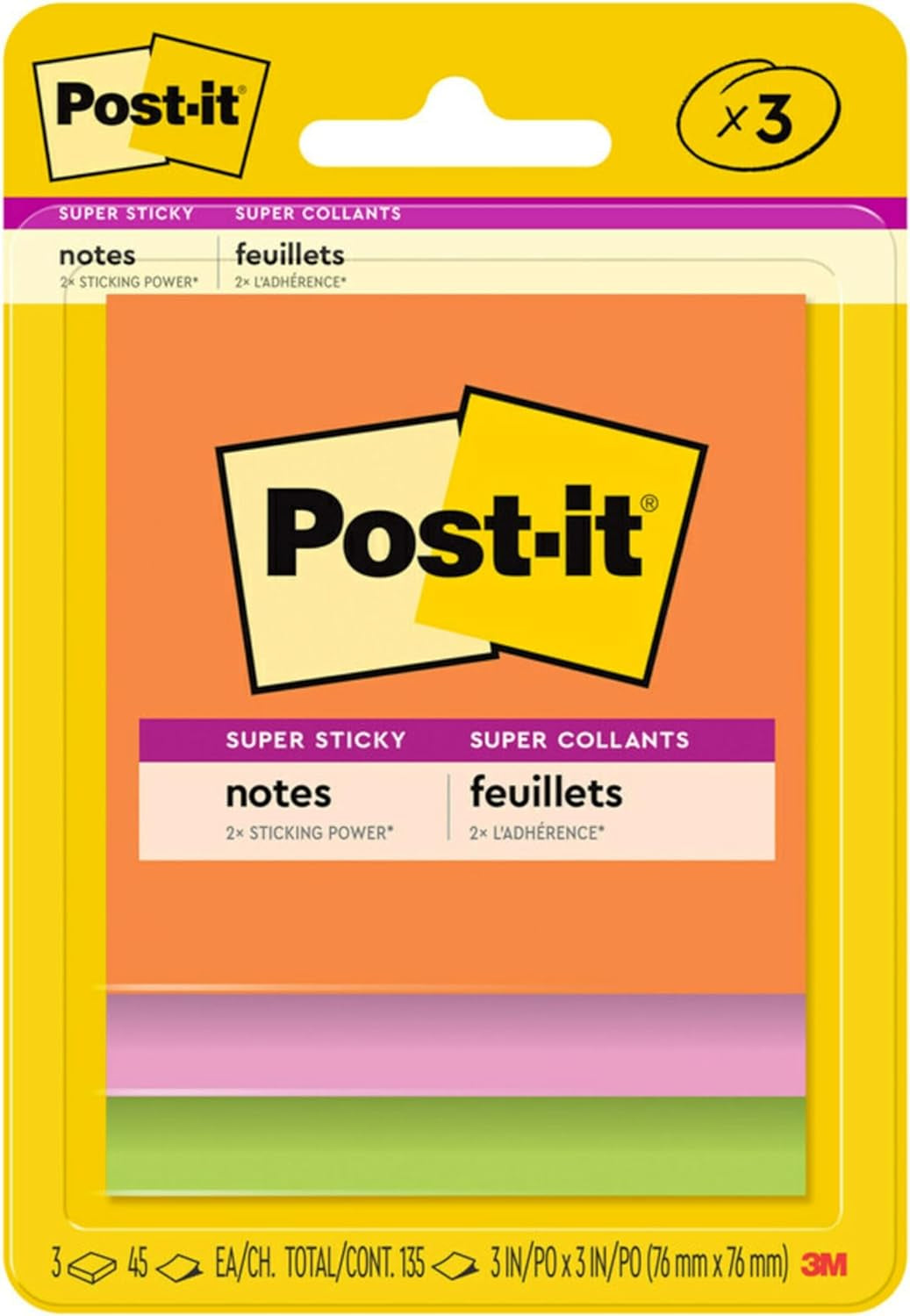 Super Sticky Notes, 3 Sticky Note Pads, 3 X 3 In., School Supplies for Students, Ideal for Textbooks, Notebooks, Walls and Vertical Surfaces, Energy Boost Collection