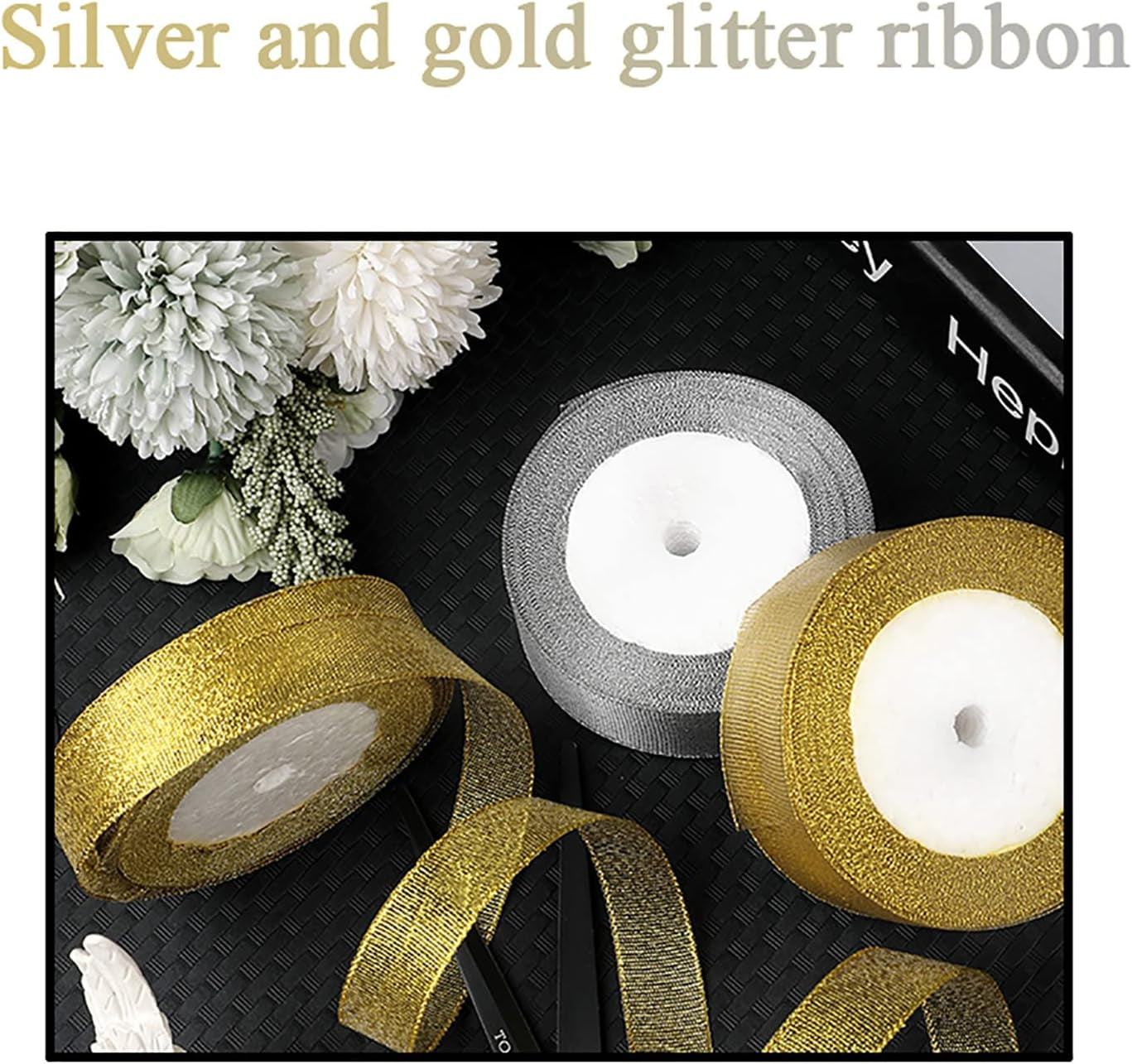 5/8 Inch Gold Glitter Ribbon, 50 Yards Sparkly Metallic Fabric Ribbons for Gifts Wrapping Wedding Party Decoration and Crafts