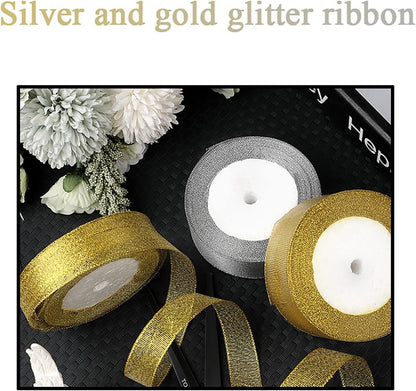 5/8 Inch Gold Glitter Ribbon, 50 Yards Sparkly Metallic Fabric Ribbons for Gifts Wrapping Wedding Party Decoration and Crafts