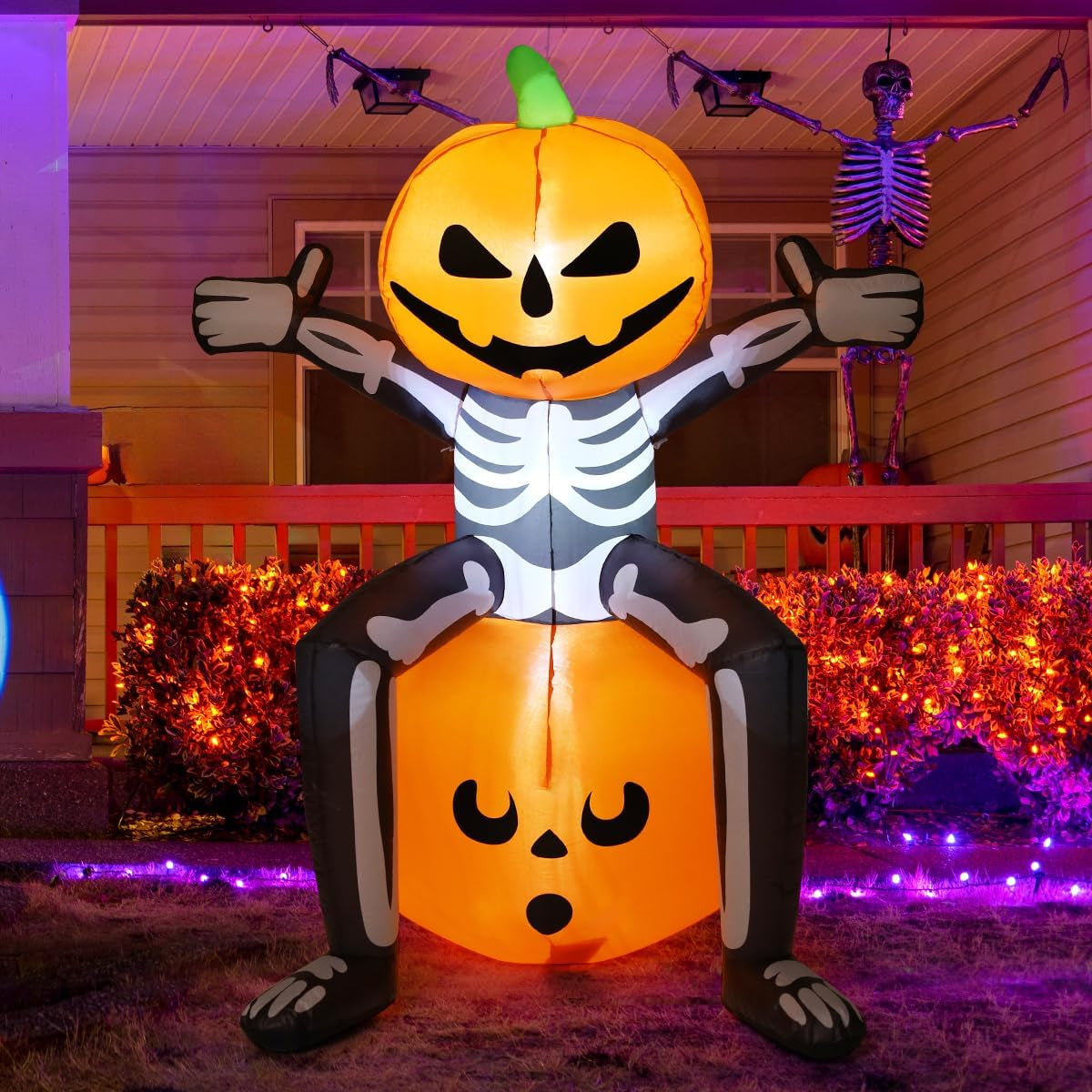 Halloween Inflatable 5FT Skull Skeleton Pumpkin Head with Built-In Leds Blow up Yard Decoration for Holiday Party Indoor, Outdoor, Yard, Garden, Lawn