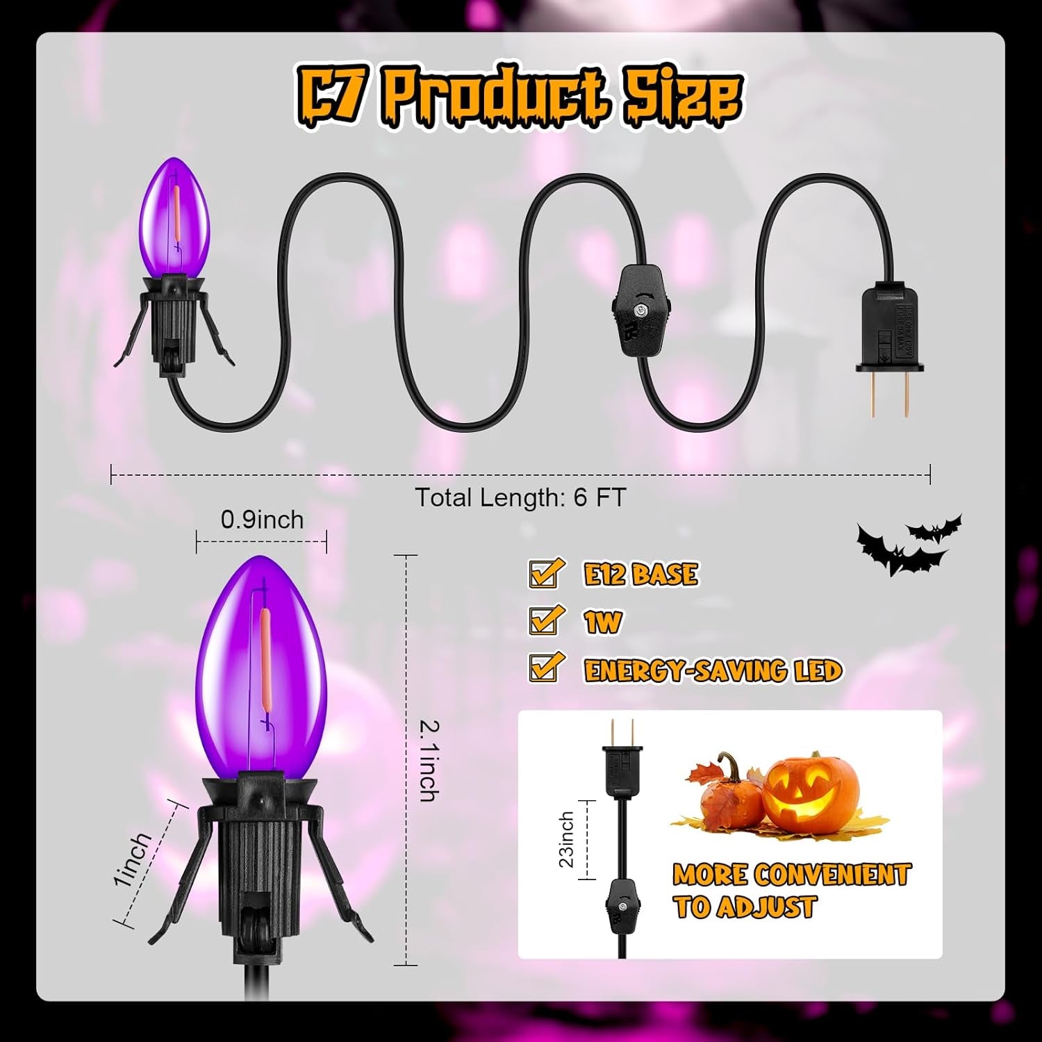 Accessory Cord with One LED Light Bulb - 6Ft Cord with On/Off Switch for Halloween Pumpkin, DIY Craft Projects, Paper Lantern Halloween Decoration, Village House, Holiday Ceramic Trees, 2 Pack, Purple