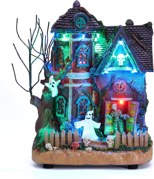 Halloween Village for Home Decor, 10Inch Lighted Cute Halloween House Resin Statue with Music and Colorful Light, Haunted House Gift for Table Yard Outdoor Indoor Party Decoration