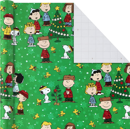 Christmas Peanuts Wrapping Paper with Cut Lines on Reverse (Pack of 3, 105 Sq. Ft. Ttl) Snoopy, Charlie Brown, Woodstock (5JXW1036)