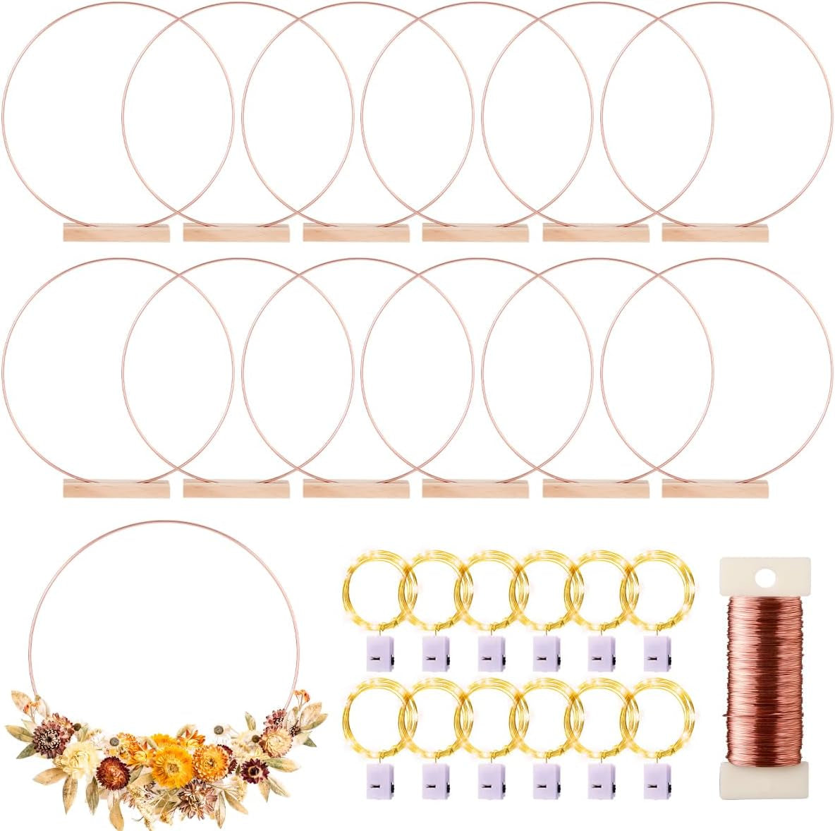 12 Pack Floral Hoop with Holders and LED Fairy Lights 18 Inch Metal Rings for DIY Centerpiece Table Decorations Crafts Macrame Rings Hoop Wreath Dream Catcher Rings Wedding Christmas Wreaths, Silver