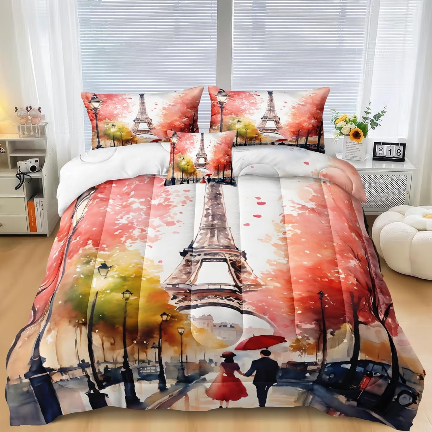 Eiffel Tower Comforter Set Romantic Paris Tower Bedding Set Queen French Style Couple Lover Red Flower Comforter Set 4 Pcs Oil Painting Paris City Street down Comforter Set