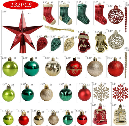 Christmas Tree Ornament, 132Pcs Christmas Tree Decoration Set Red Green Gold Christmas Ball Shatterproof Hanging Tree Ornament Assortment Set