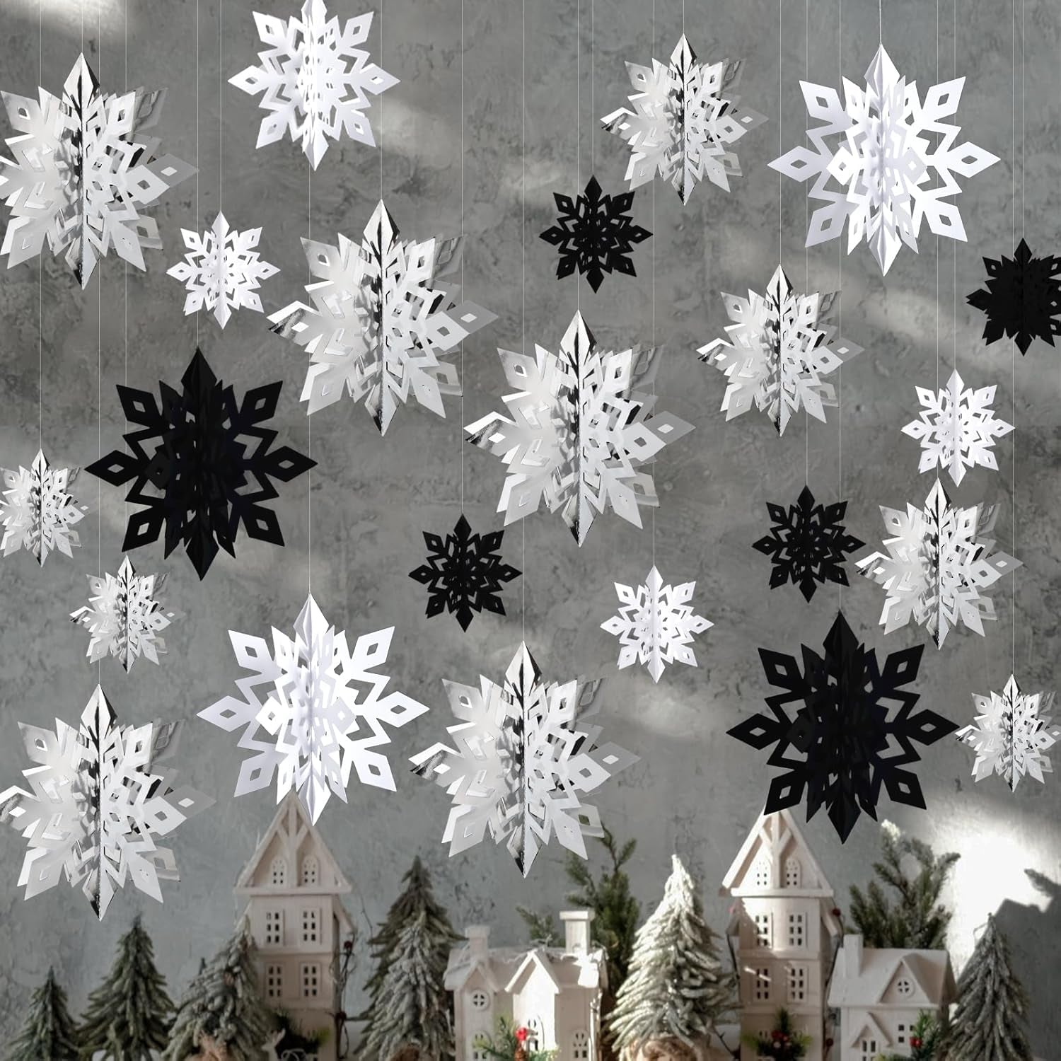 Christmas Snowflake Decorations Indoor, 24PCS 3D Paper Snowflakes Hanging Ornaments Snowflake Garlands for Xmas Christmas Tree Winter Wonderland New Year Party Home Decorations