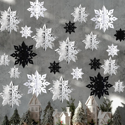 Christmas Snowflake Decorations Indoor, 24PCS 3D Paper Snowflakes Hanging Ornaments Snowflake Garlands for Xmas Christmas Tree Winter Wonderland New Year Party Home Decorations