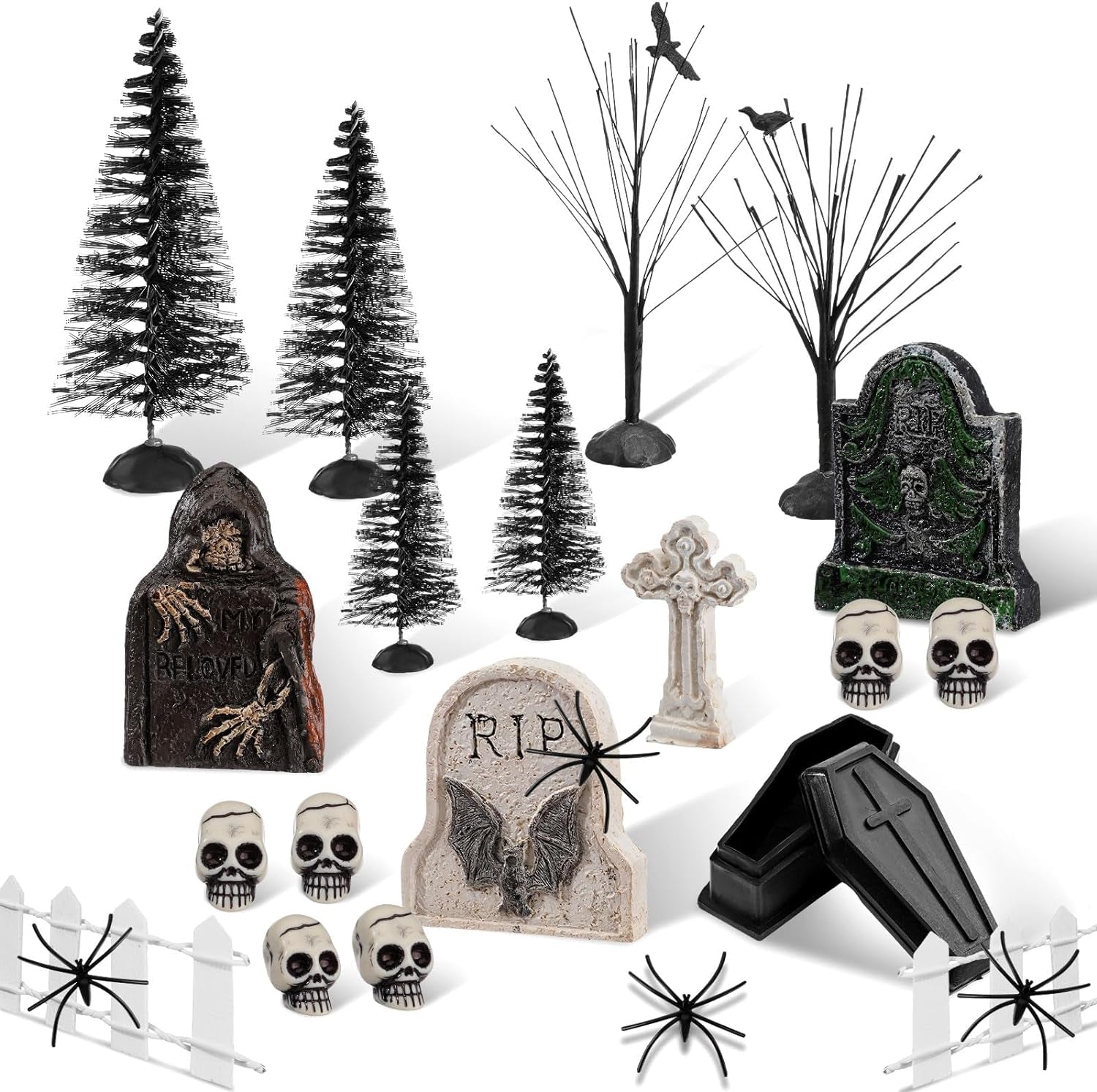 32 Pcs Halloween Village Accessories Ornaments Set Spooky Halloween Town Set Halloween Tombstones Skeleton Tiny Trees Fake Spiders Decor Halloween Village Set for Party Town Decorations