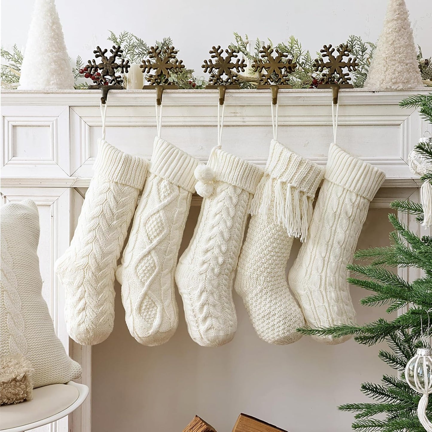 Farmhouse Knitted Christmas Stockings: 5 Pack 18 Inch Rustic Cable Knit Fireplace Stockings, Cozy Hanging Xmas Stockings Boho Style Stocking Decorations for Family Holiday Décor, White Beige