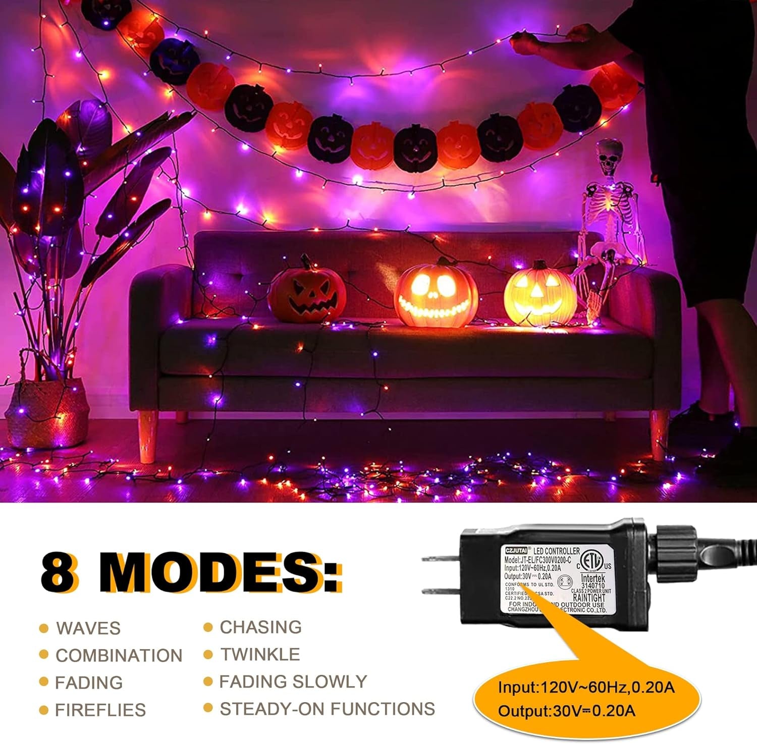 300 LED Purple Halloween Lights, 99FT Connectable 8 Lighting Modes Plug in Fairy Lights, Waterproof for Outdoor, Halloween Christmas Wedding Party Garden Decorations (Purple