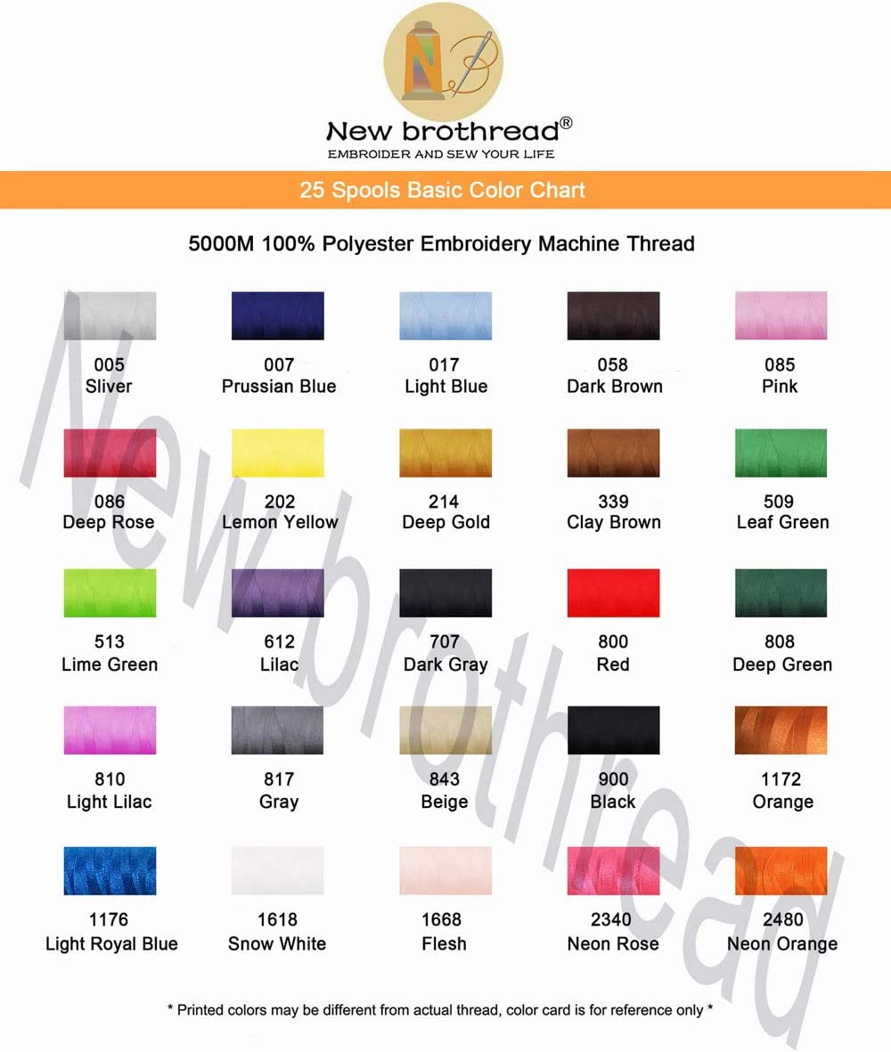 s - 25 Basic Colors of Huge Spool 5000M Polyester Embroidery Machine Thread for Commercial and Domestic Embroidery Machines