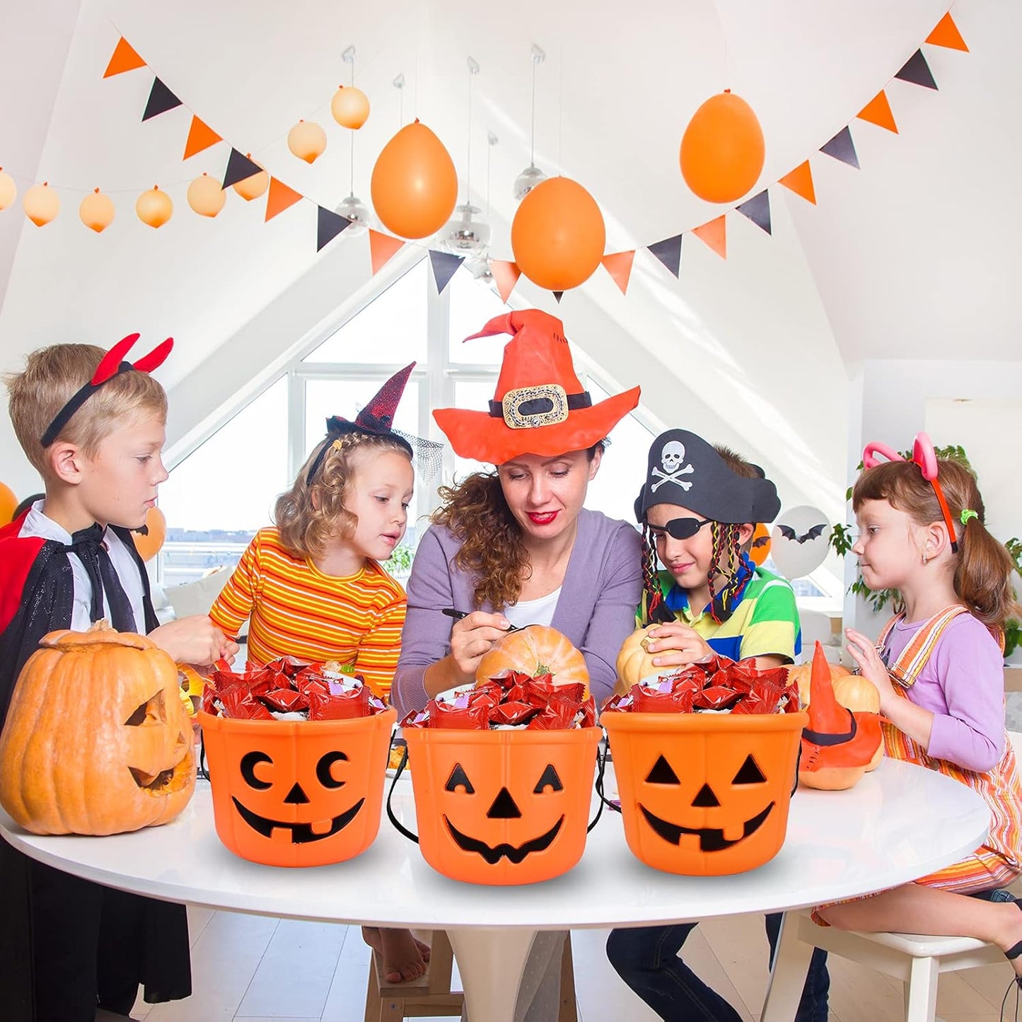 Halloween Pumpkin Bucket, Halloween Trick or Treat Pumpkin Bucket，Large Halloween Candy Buckets with Handle for Party Decor (3Pack)