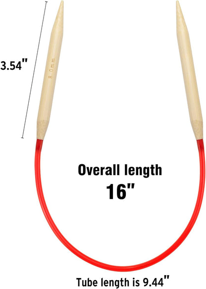 Bamboo Circular Knitting Needles 16 Inch for Beginners, 18 Pairs Wooden round Knitting Needles for Yarn with Colored Plastic Tube, 18 Sizes US 0-15 (2-10Mm), Double Pointed Flexible Knitting Needles