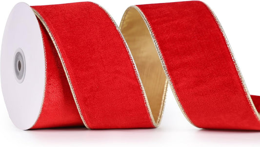 Red Velvet Ribbon Wired 2.5" X 10 Yards Scarlet Red Christmas Ribbon with Gold Back Red Gold Wired Ribbon for Wreaths, Tree Topper Bows, Crafts, Home Decor, Gift Wrapping