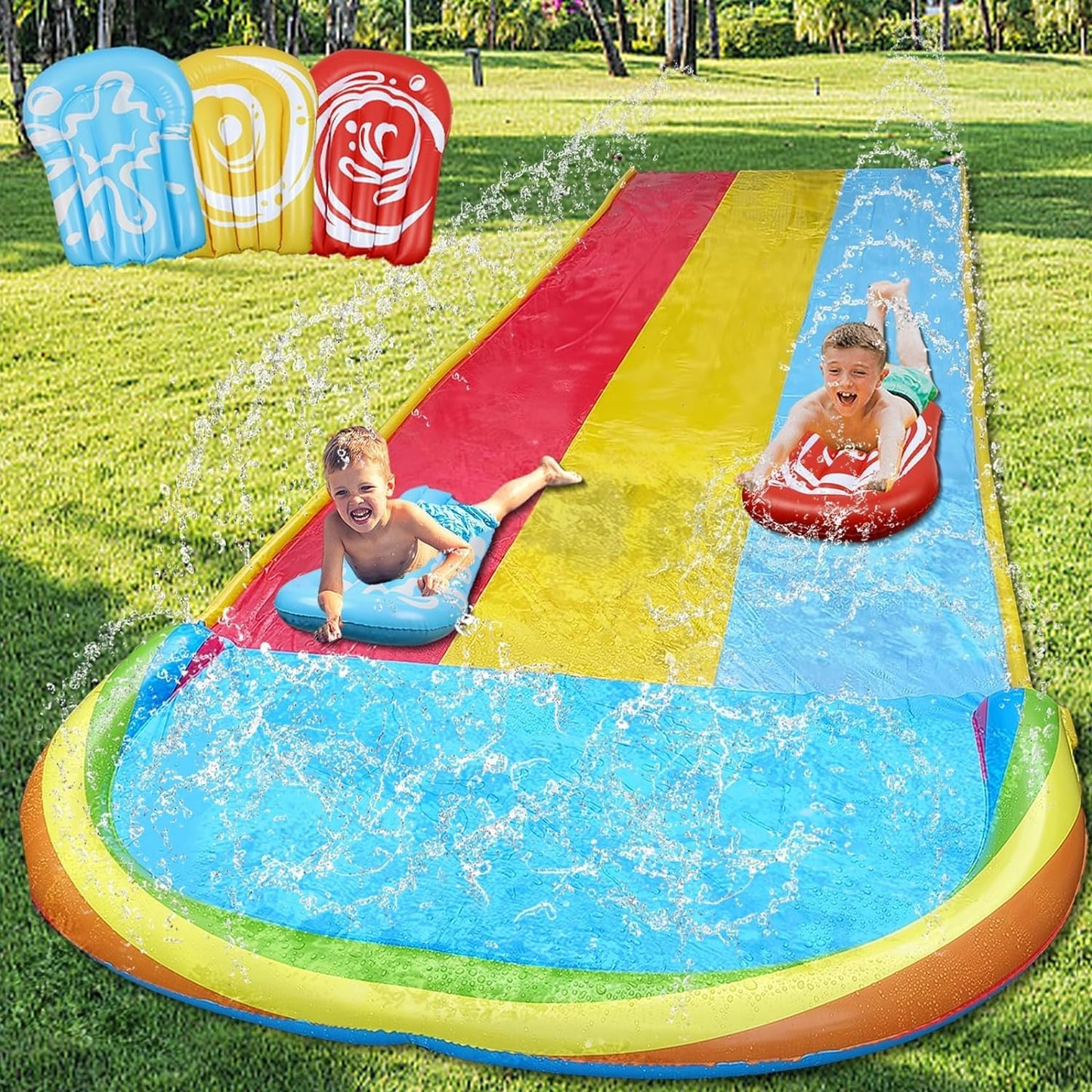 Slip Water Slide with Sprinklers, 22.5Ft Slip and Slide with 3 Inflatable Bodyboards and Splash Pool Waterslide for Kids Backyard Lawn Outdoor Water Toy