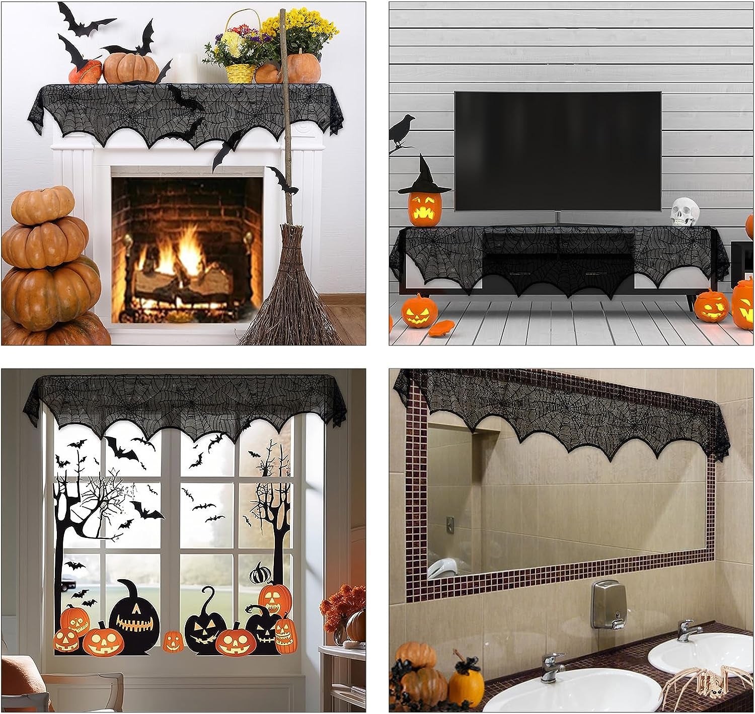 Halloween Decoration Black Lace Spiderweb Fireplace Mantle Scarf Cover Festive Party Supplies 45 X 243Cm 18 X 96 Inch