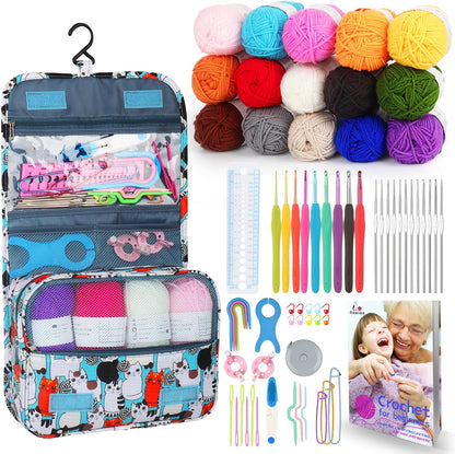 Crochet Kit for Beginners with 15 Colors Yarn and Introduction Book, 71Pcs Crochet Starter Kit Everything for Adult, Learn to Crochet Kit with Soft Grip Crochet Hooks and Blue Cat Bag