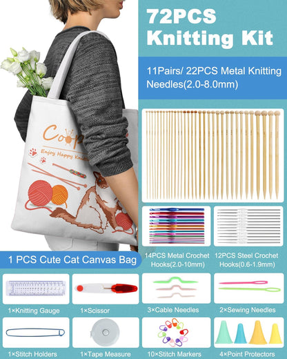 Knitting Needles Set 86PCS Knitting Kit for Beginners, Crochet Knitting Start Set Includes 9.8" Bamboo Knitting Needle Set (2-10Mm), Metal Crochet Hooks Set (0.6-10Mm) & Crochet Accessories