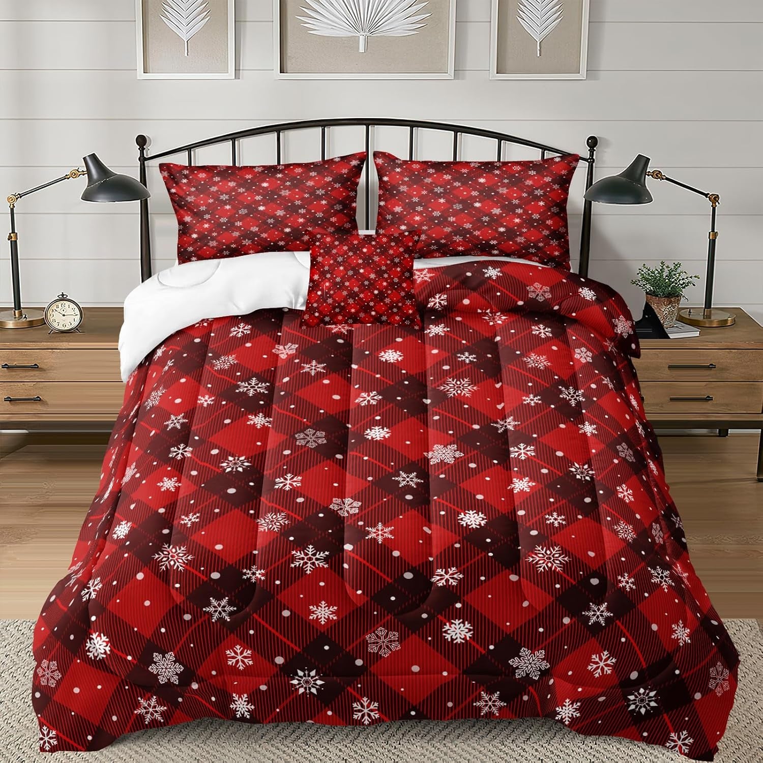 Snowflake Christmas Comforter Set King Red Plaid Bedding Set Dark Red Black Buffalo Check Checkered Pattern Xmas Comforter Farmhouse Cabin Bed Set King