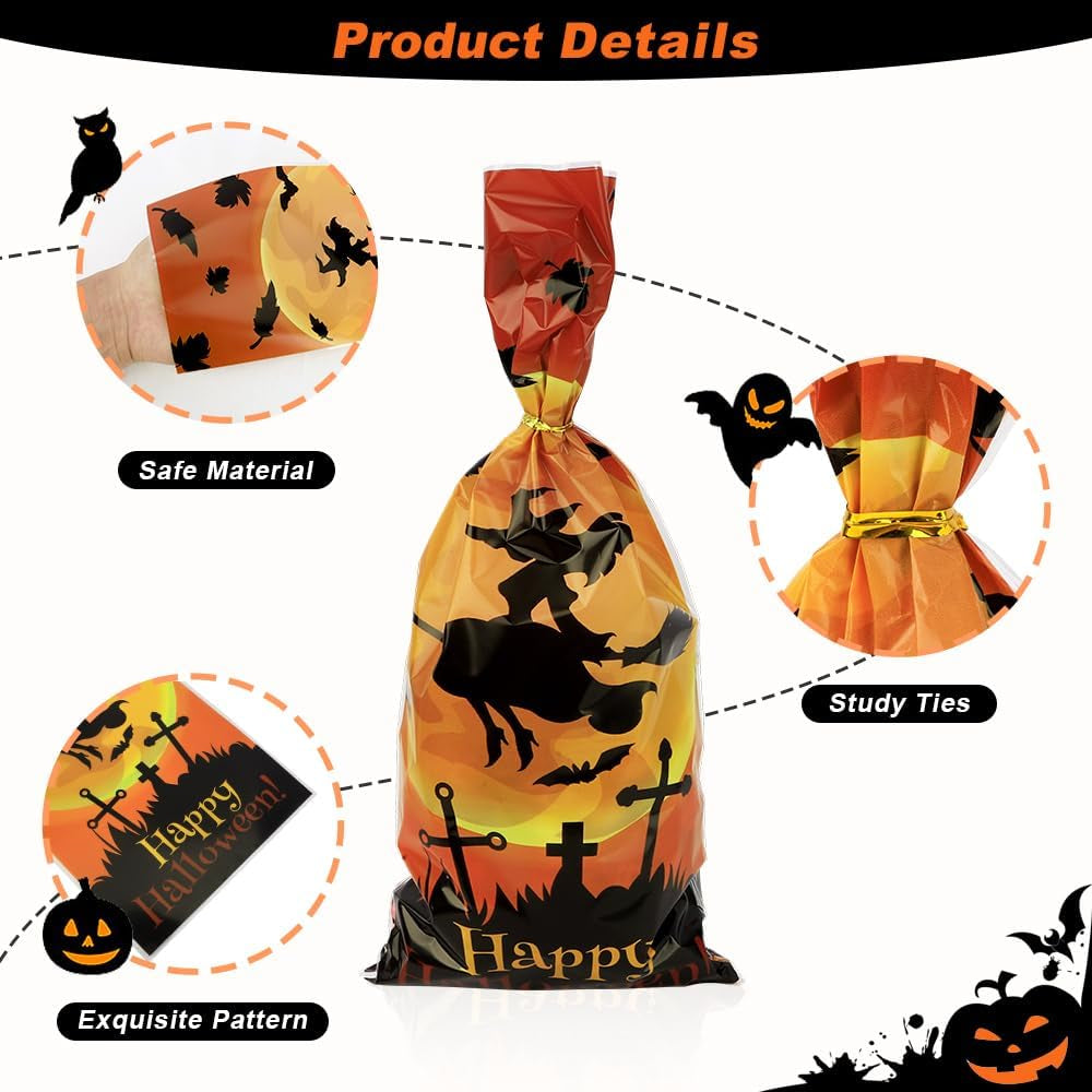 Halloween Treat Bags, Halloween Cellophane Treat Bags, 50 PCS Halloween Candy Bags, Halloween Cello Cookie Goodies Gift Bags with 50Pcs Ties for Halloween Trick or Treat Party Favors Supplies, 5 Style