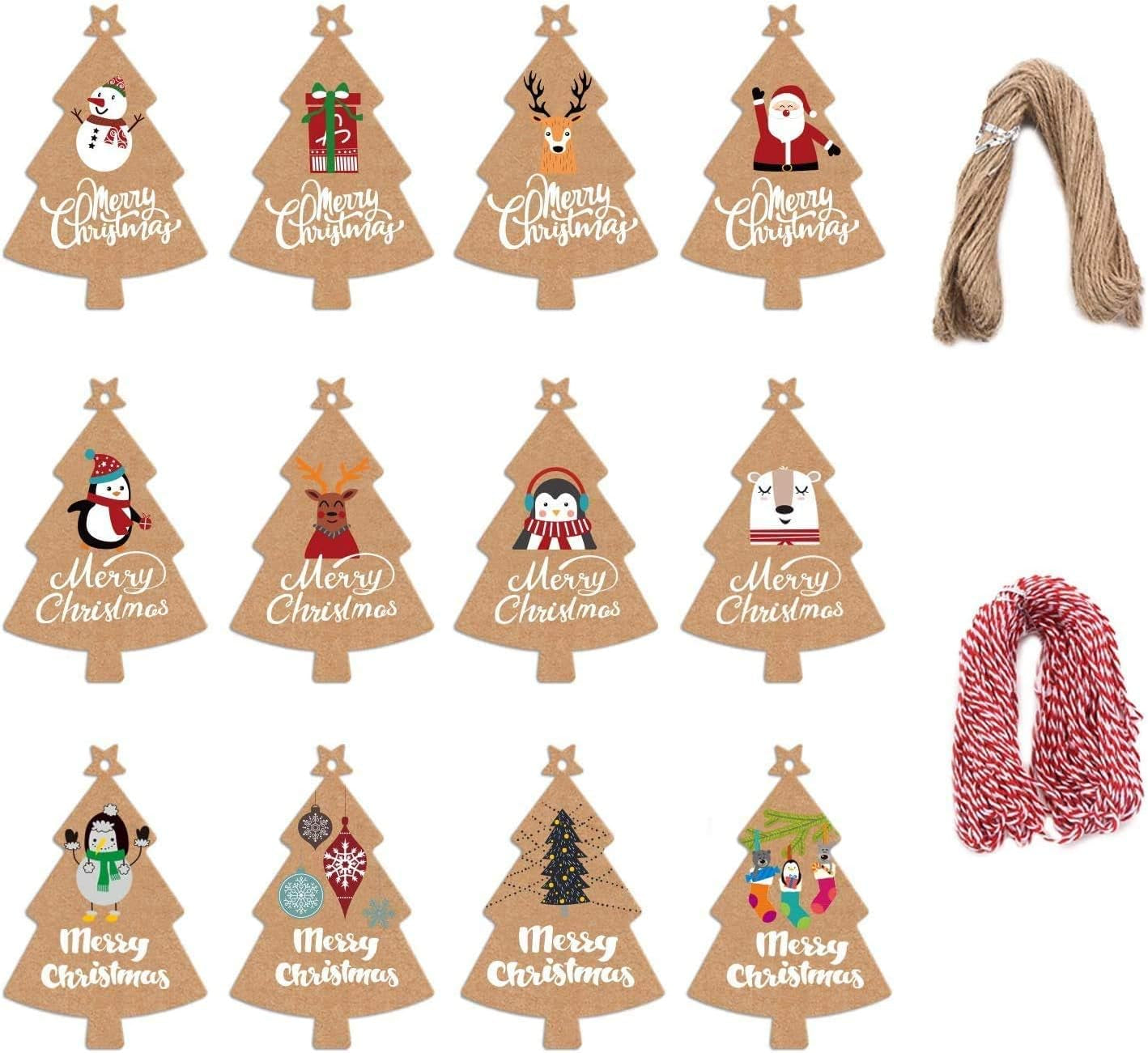 Christmas Tree Gift Tags,120Pcs Xmas Kraft Paper Gift Hanging Tags with 230 Feet String Twine